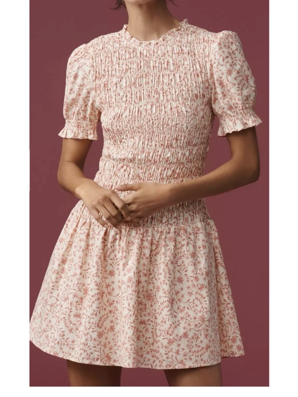 Reformation Morris Smocked Dress Floral Mini Pink Size 12
